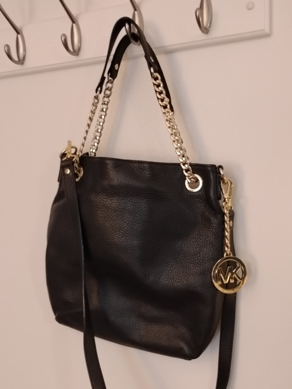 Michael Kors Black Pebbled Leather Shoulder Bag with Gold Hardware